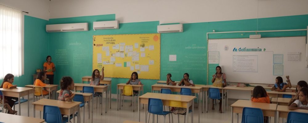 Sala de aula EJA inclusiva com alunos e professores interagindo em atividades colaborativas, usando materiais didáticos visuais.