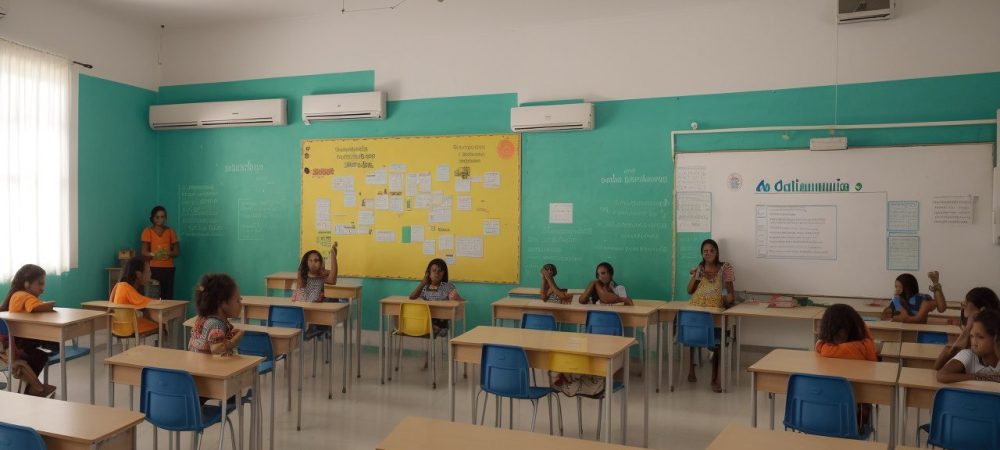 Sala de aula EJA inclusiva com alunos e professores interagindo em atividades colaborativas, usando materiais didáticos visuais.