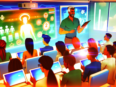 Alunos em sala de aula moderna participam de atividades interativas com tablets, quadros digitais e gamificação.