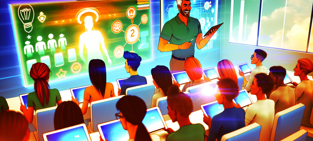 Alunos em sala de aula moderna participam de atividades interativas com tablets, quadros digitais e gamificação.