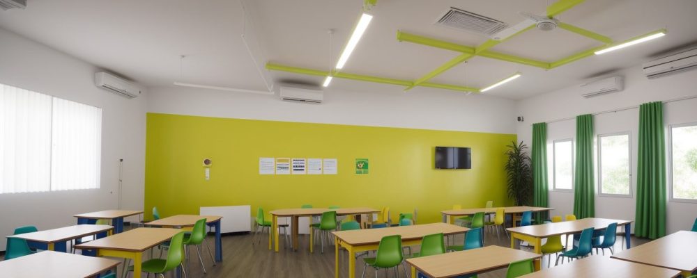 Alunos de diversas origens colaborando em uma sala de aula inclusiva, cheia de luz natural e arte colorida.