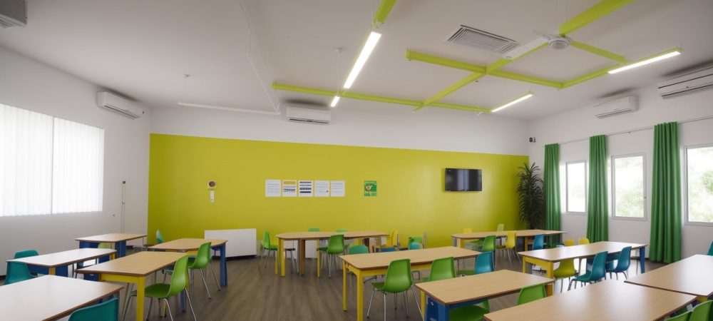 Alunos de diversas origens colaborando em uma sala de aula inclusiva, cheia de luz natural e arte colorida.