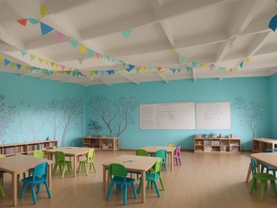 Sala de aula inclusiva e acolhedora com alunos interagindo em mesas coloridas cercados por materiais didáticos adaptados.