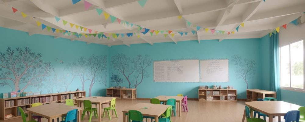 Sala de aula inclusiva e acolhedora com alunos interagindo em mesas coloridas cercados por materiais didáticos adaptados.