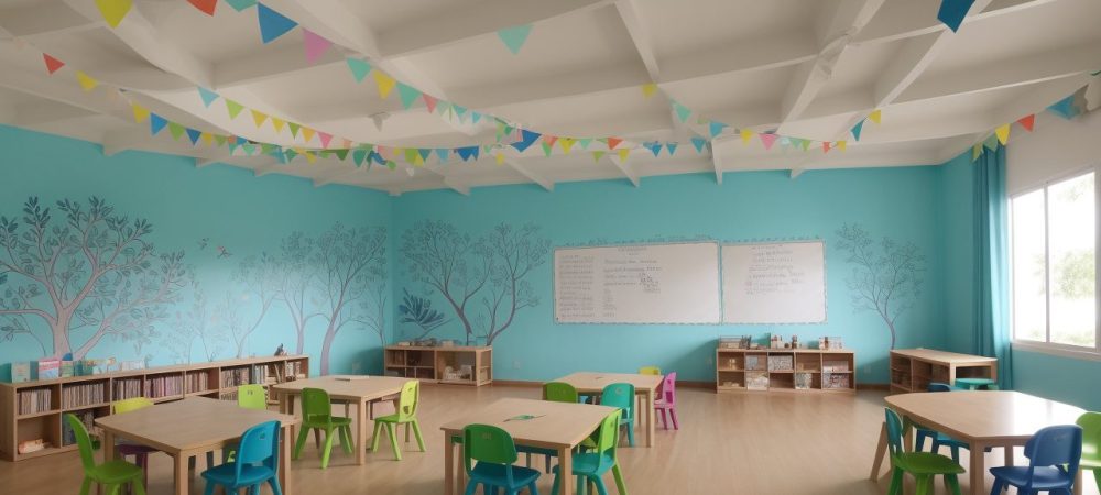 Sala de aula inclusiva e acolhedora com alunos interagindo em mesas coloridas cercados por materiais didáticos adaptados.