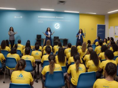 Sala de aula inclusiva vibrante com alunos de diferentes habilidades colaborando em projetos, rodeados por tecnologia assistiva.