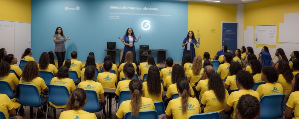 Sala de aula inclusiva vibrante com alunos de diferentes habilidades colaborando em projetos, rodeados por tecnologia assistiva.
