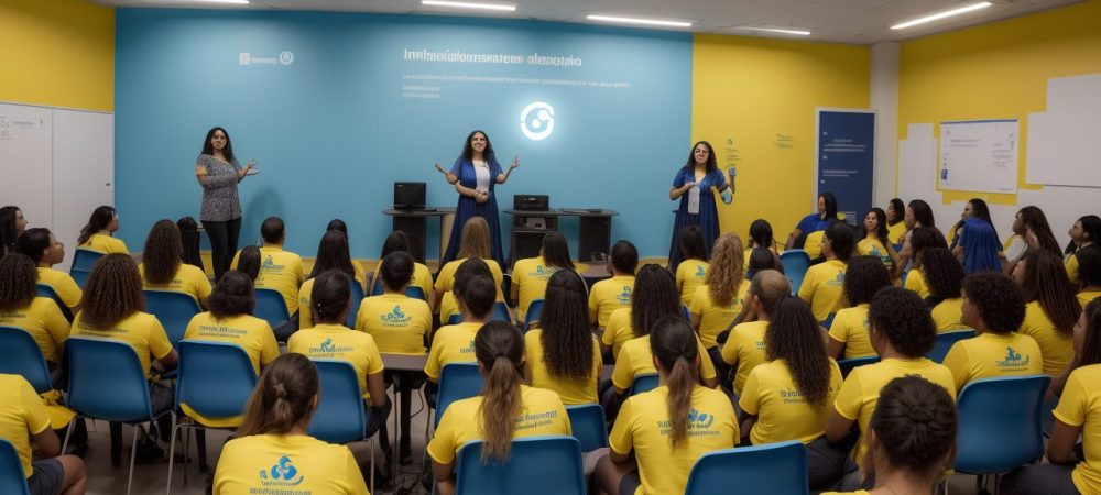 Sala de aula inclusiva vibrante com alunos de diferentes habilidades colaborando em projetos, rodeados por tecnologia assistiva.