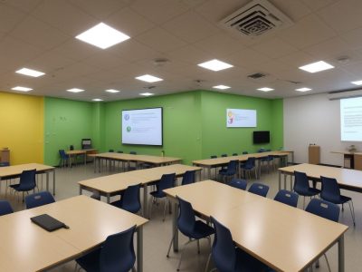 Sala de aula inclusiva com alunos de várias idades interagindo, cercados por materiais adaptados e tecnologia assistiva.