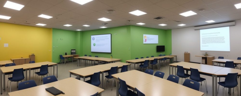Sala de aula inclusiva com alunos de várias idades interagindo, cercados por materiais adaptados e tecnologia assistiva.