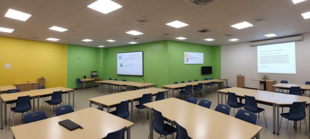Sala de aula inclusiva com alunos de várias idades interagindo, cercados por materiais adaptados e tecnologia assistiva.