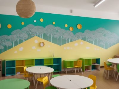Ambiente de sala de aula inclusiva e vibrante, destacando professores e alunos interagindo com um plano educacional individualizado (PEI) em um espaço colaborativo.