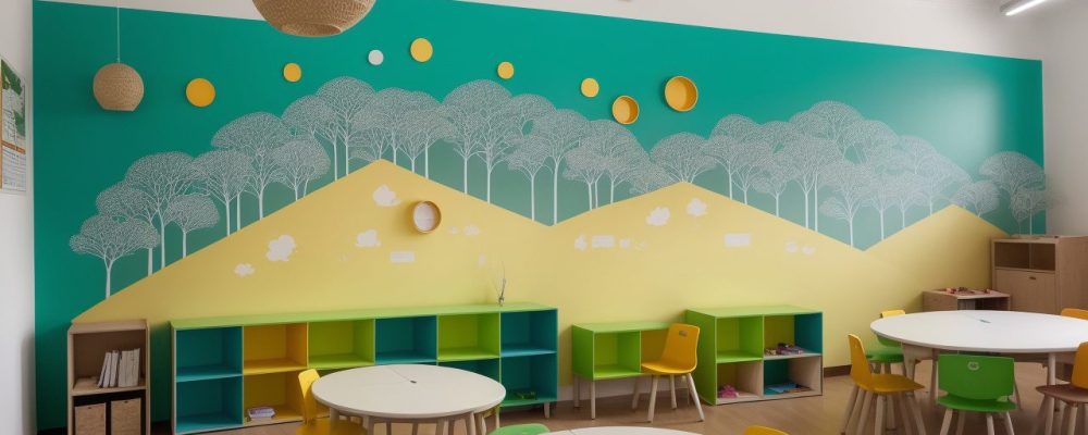 Ambiente de sala de aula inclusiva e vibrante, destacando professores e alunos interagindo com um plano educacional individualizado (PEI) em um espaço colaborativo.