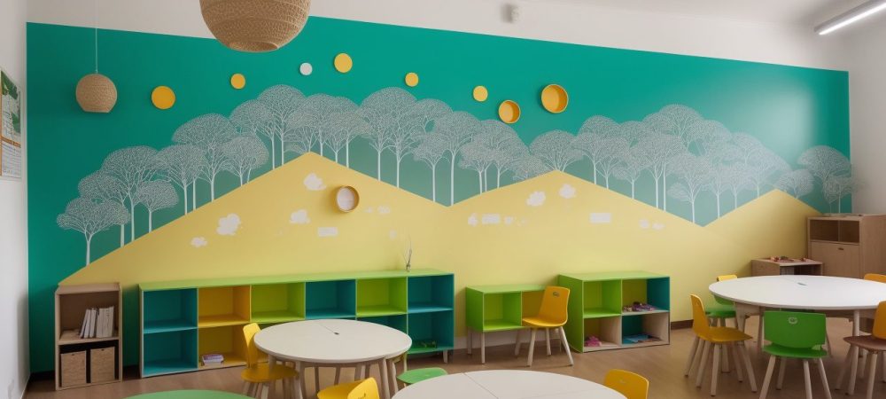 Ambiente de sala de aula inclusiva e vibrante, destacando professores e alunos interagindo com um plano educacional individualizado (PEI) em um espaço colaborativo.