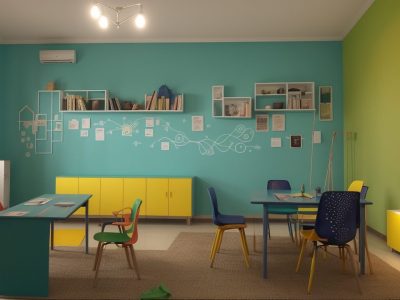 Crianças de diferentes idades e etnias interagem alegremente em uma sala de aula inclusiva, com livros acessíveis e materiais em braille.