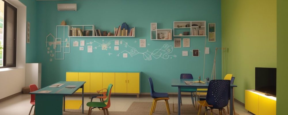 Crianças de diferentes idades e etnias interagem alegremente em uma sala de aula inclusiva, com livros acessíveis e materiais em braille.