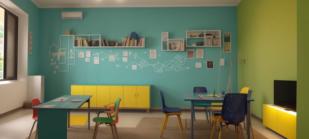 Crianças de diferentes idades e etnias interagem alegremente em uma sala de aula inclusiva, com livros acessíveis e materiais em braille.