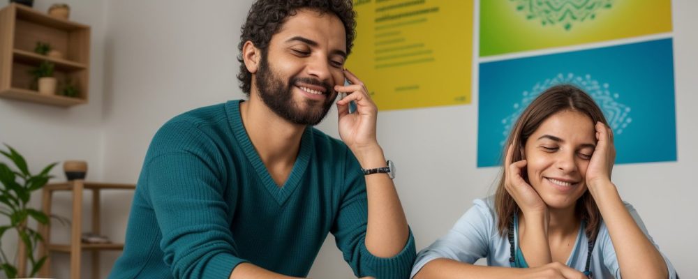 Ambiente acolhedor de sala de aula com professores e alunos interagindo sobre neuropsicologia e aprendizagem em um clima positivo e colaborativo.