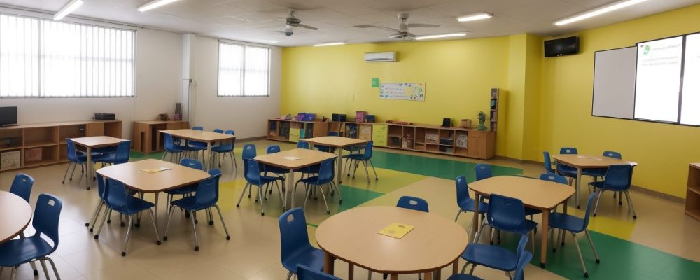Sala de aula inclusiva com crianças aprendendo, professor utilizando recursos visuais e audiovisuais, ambiente acolhedor para TDAH.