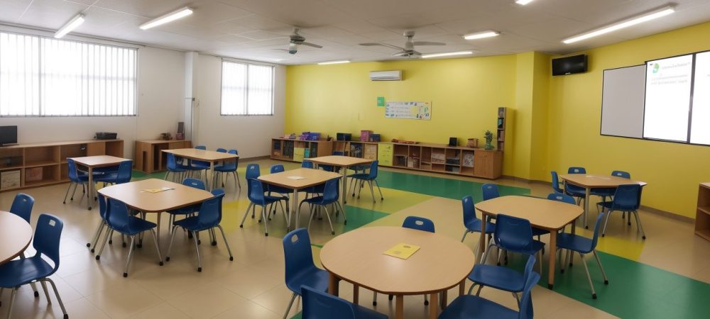 Sala de aula inclusiva com crianças aprendendo, professor utilizando recursos visuais e audiovisuais, ambiente acolhedor para TDAH.