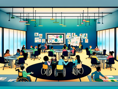 Sala de aula inclusiva com alunos diversos usando tecnologia assistiva em mesas circulares.