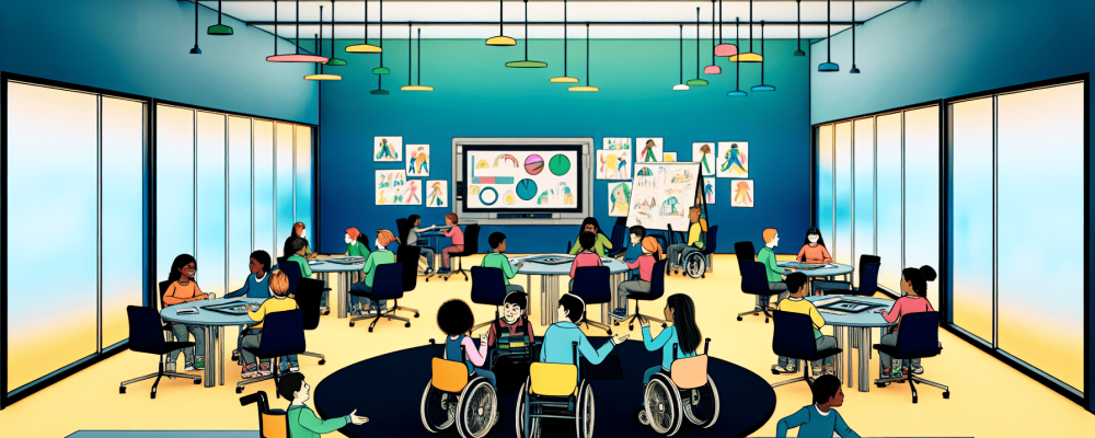 Sala de aula inclusiva com alunos diversos usando tecnologia assistiva em mesas circulares.