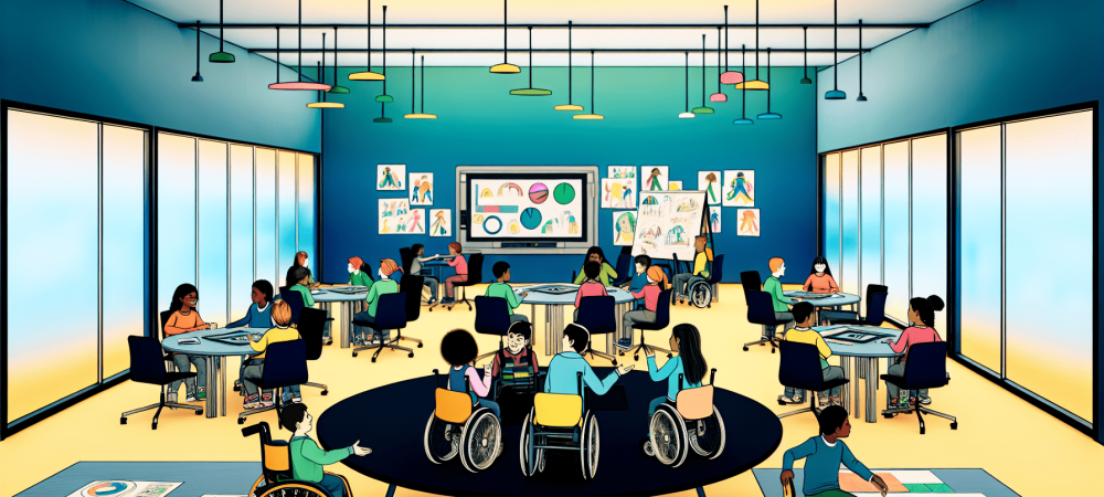 sala-aula-inclusiva-tecnologia.webp Sala de aula inclusiva com alunos diversos usando tecnologia assistiva em mesas circulares.