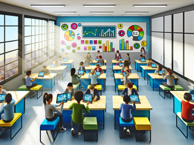 Sala de aula moderna com estudantes usando dispositivos digitais, como tablets e laptops, em um ambiente iluminado e interativo com gráficos e gamificação.