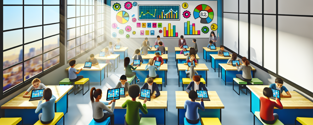 Sala de aula moderna com estudantes usando dispositivos digitais, como tablets e laptops, em um ambiente iluminado e interativo com gráficos e gamificação.