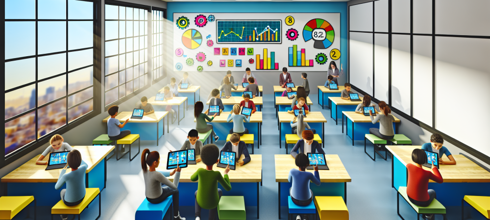 Sala de aula moderna com estudantes usando dispositivos digitais, como tablets e laptops, em um ambiente iluminado e interativo com gráficos e gamificação.