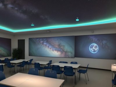 Alunos engajados em sala de aula interativa com assistente virtual ChatGPT, utilizando tecnologia moderna.