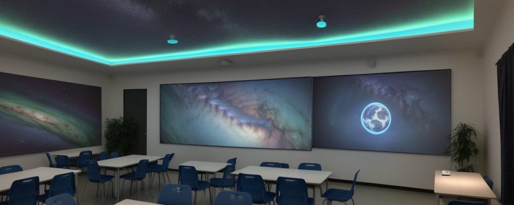 Alunos engajados em sala de aula interativa com assistente virtual ChatGPT, utilizando tecnologia moderna.