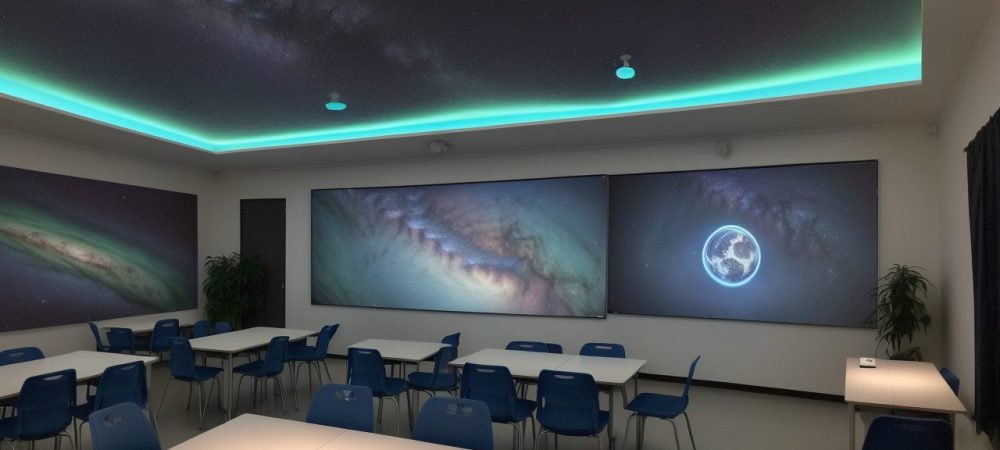 Alunos engajados em sala de aula interativa com assistente virtual ChatGPT, utilizando tecnologia moderna.