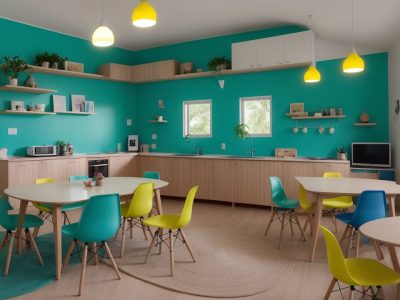 Professor usando tablet em sala de aula interativa com alunos em mesas multifuncionais, integrando tecnologia no aprendizado.