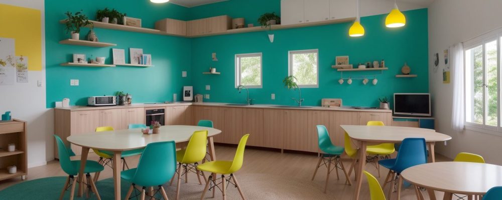 Professor usando tablet em sala de aula interativa com alunos em mesas multifuncionais, integrando tecnologia no aprendizado.