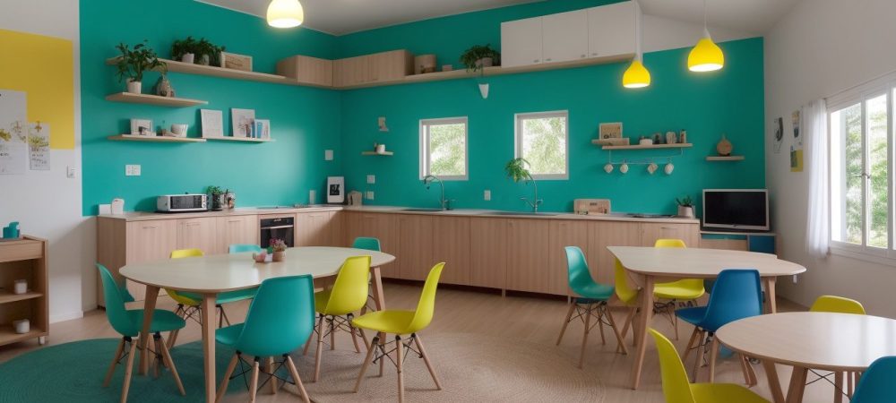 Professor usando tablet em sala de aula interativa com alunos em mesas multifuncionais, integrando tecnologia no aprendizado.