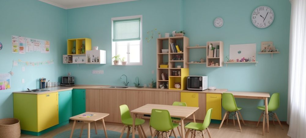 Alunos engajados em uma sala de aula moderna, utilizando tablets e quadros interativos, em ambiente colaborativo e colorido.