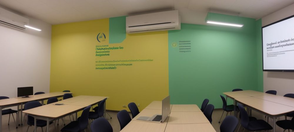 Alunos diversificados em sala de aula moderna, utilizando tecnologia e colaborando em atividades sob supervisão pedagógica.