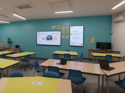 Alunos engajados em uma sala de aula moderna com tablets, professor usando lousa digital sobre educação digital.