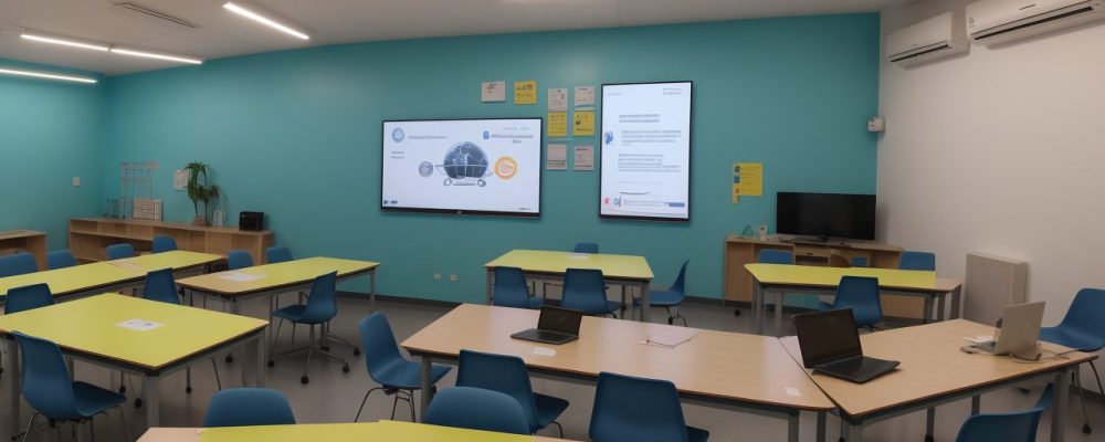 Alunos engajados em uma sala de aula moderna com tablets, professor usando lousa digital sobre educação digital.