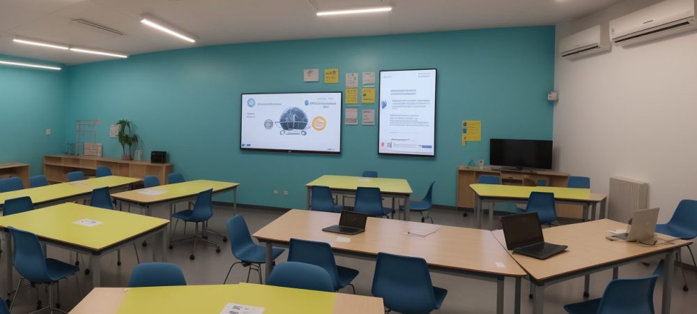 Alunos engajados em uma sala de aula moderna com tablets, professor usando lousa digital sobre educação digital.
