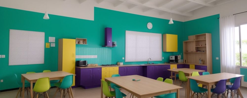 Estudantes em uma sala de aula moderna discutindo direitos humanos, com murais que representam diversidade e inclusão social.