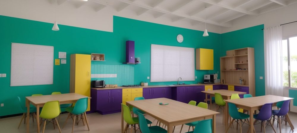 Estudantes em uma sala de aula moderna discutindo direitos humanos, com murais que representam diversidade e inclusão social.