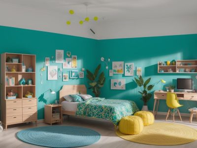 Alunos em sala de aula moderna usando tablets e laptops, engajados em atividades colaborativas com ambiente iluminado.