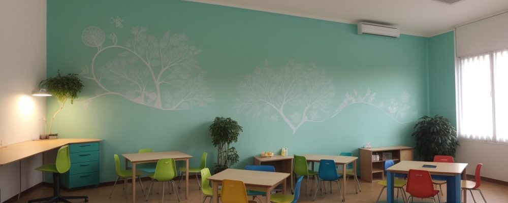 Alunos envolvidos em atividades de neuroaprendizagem em uma sala de aula acolhedora e moderna, com tecnologia e interação.