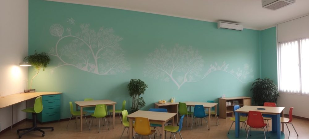 Alunos envolvidos em atividades de neuroaprendizagem em uma sala de aula acolhedora e moderna, com tecnologia e interação.