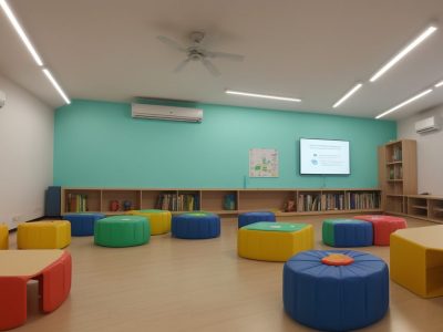 Crianças em sala de aula moderna interagindo com jogos educativos enquanto professor observa, promovendo a neuropsicologia e a aprendizagem.