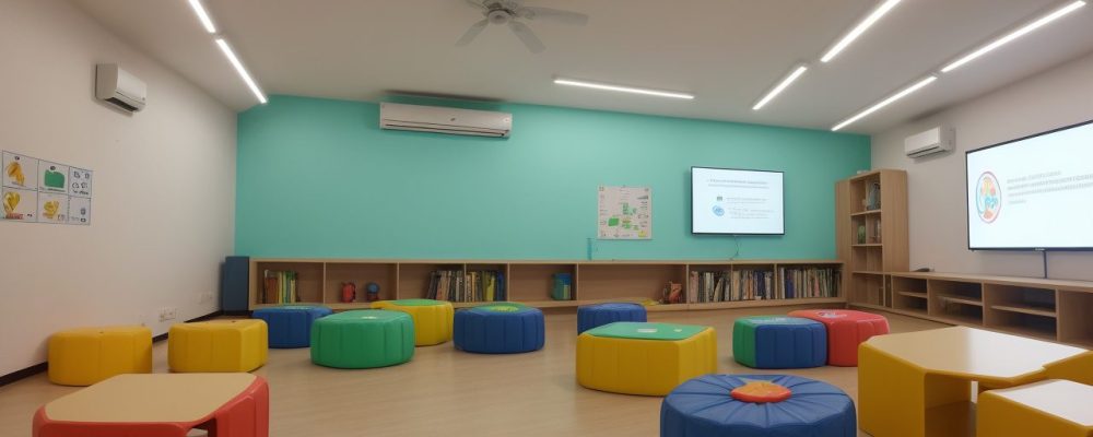 Crianças em sala de aula moderna interagindo com jogos educativos enquanto professor observa, promovendo a neuropsicologia e a aprendizagem.