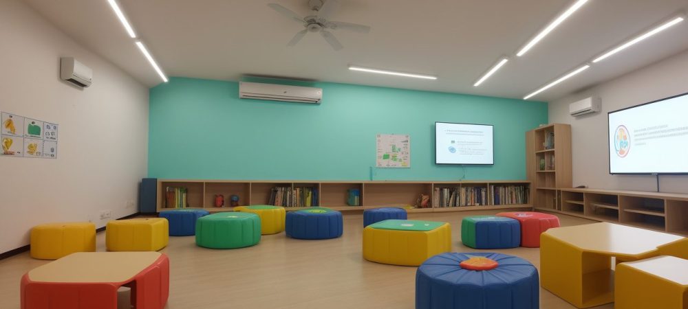 Crianças em sala de aula moderna interagindo com jogos educativos enquanto professor observa, promovendo a neuropsicologia e a aprendizagem.