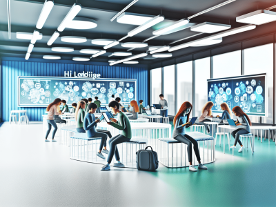 Alunos em sala de aula moderna, interagindo com dispositivos digitais sob luz natural, promovendo aprendizagem híbrida e inclusiva.